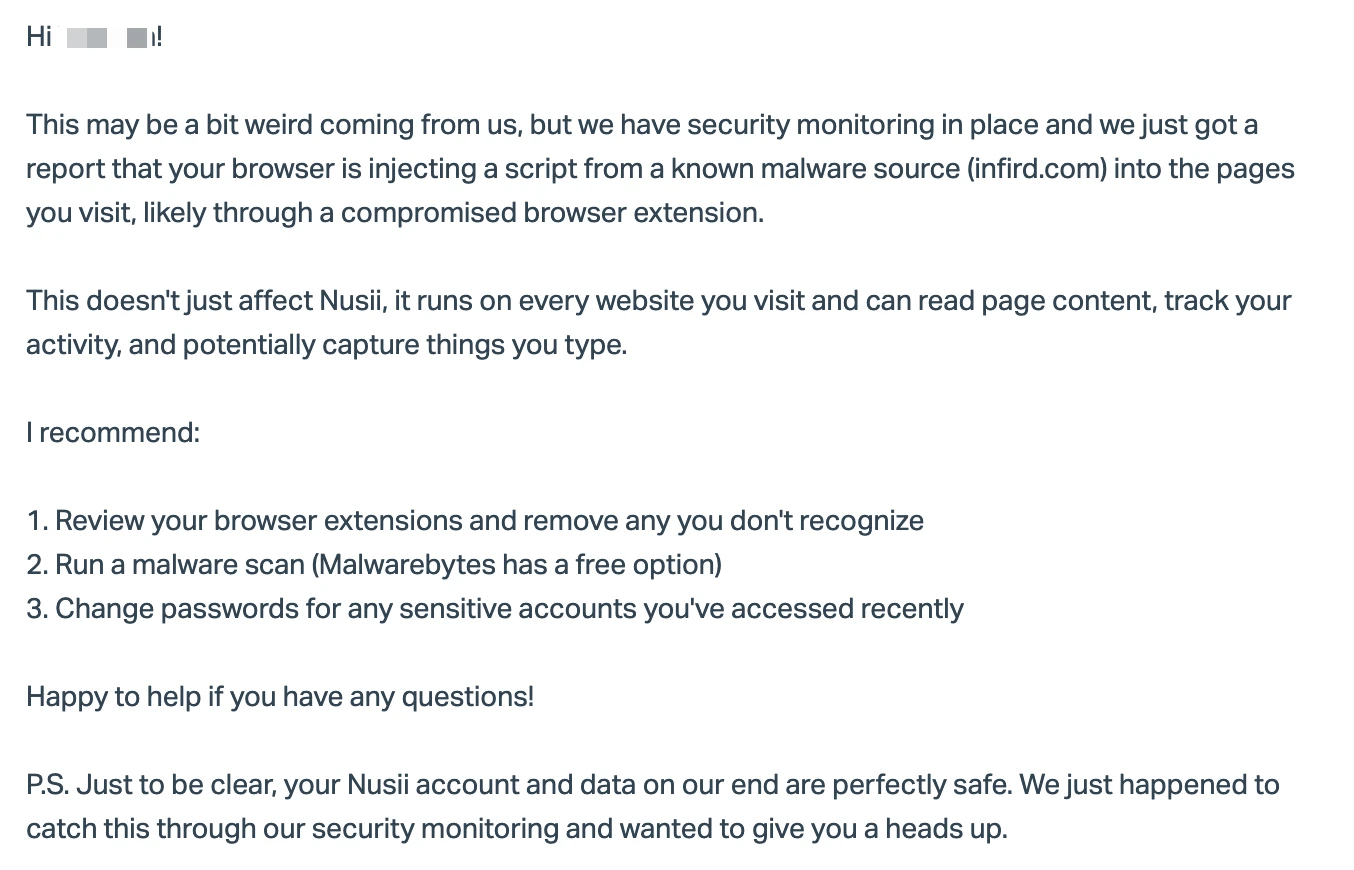 Email to a customer about malware detected through CSP violation reporting