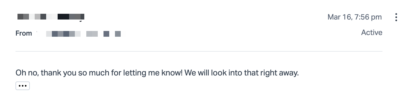 Sarah's response thanking us for the heads up