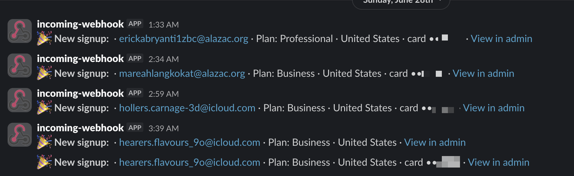 A stream of New signup notifications in Slack, all from the middle of the night, each with a plan and a credit card attached