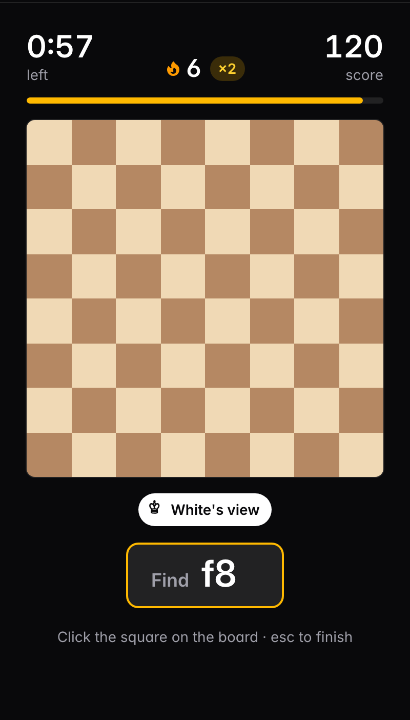 Find the Square: the game asks to find f8 on an empty board without coordinates.