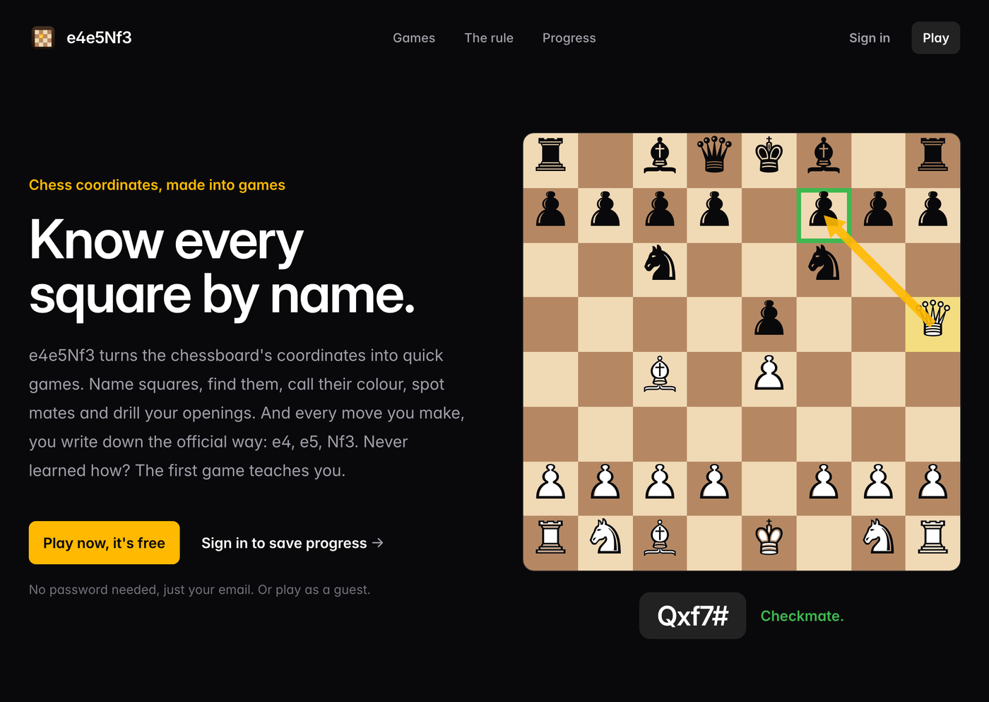 The e4e5Nf3 homepage: “Know every square by name.” next to a board where the queen takes f7 for checkmate, with Qxf7# typed below it.