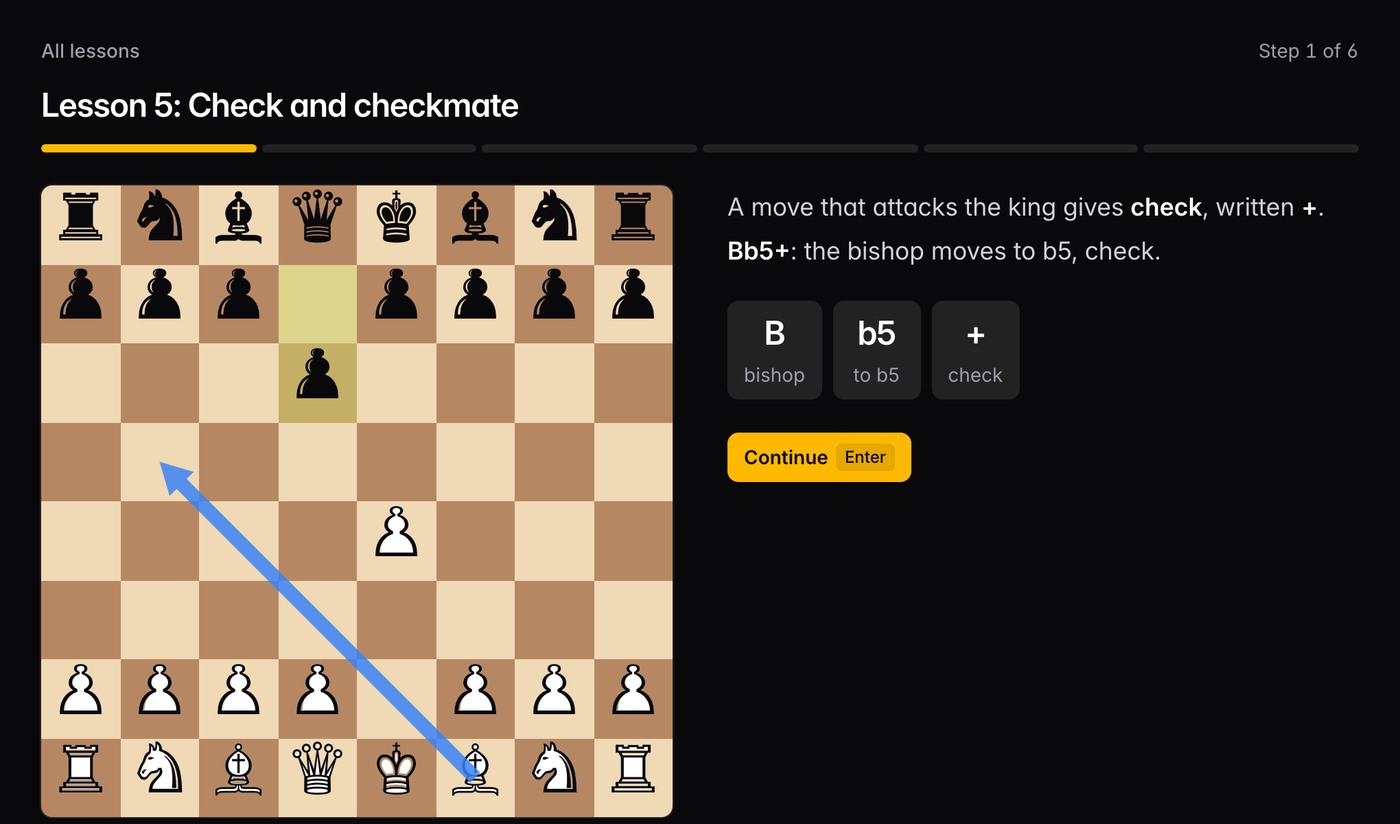 Lesson 5, Check and checkmate: Bb5+ is taken apart into B for bishop, b5 for the square and + for check.