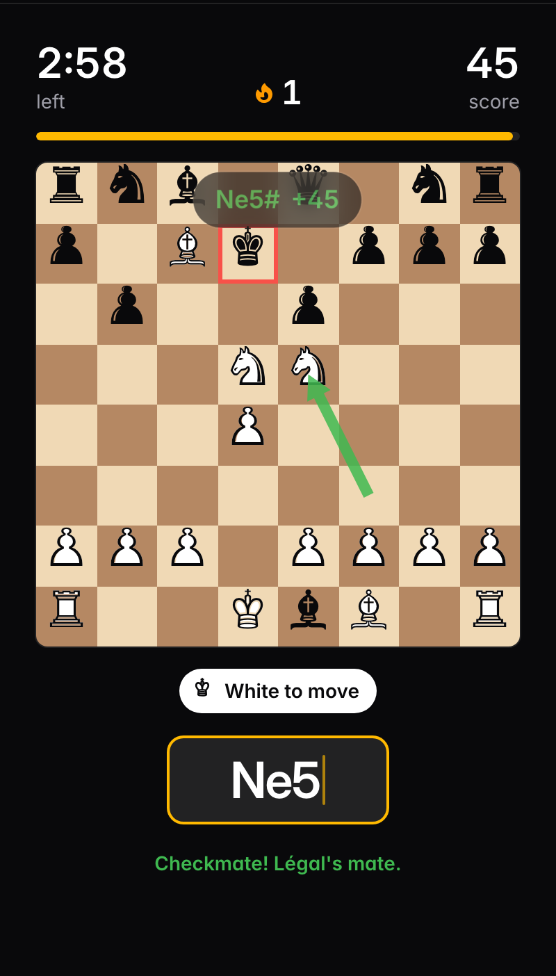 Mate in One: Ne5 is typed and played, and the game answers “Checkmate! Légal's mate.”