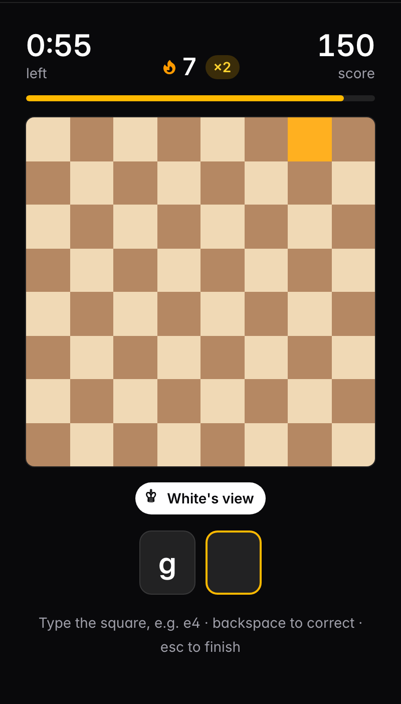 Name the Square: g8 is lit up on an empty board and a “g” has been typed, with a streak of 7 and a score of 150.