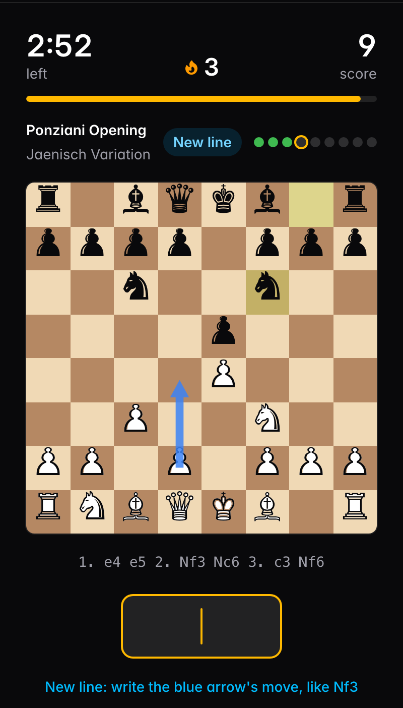 Openings: the Ponziani Opening, Jaenisch Variation, after 1. e4 e5 2. Nf3 Nc6 3. c3 Nf6, with a blue arrow showing the next move, d4.