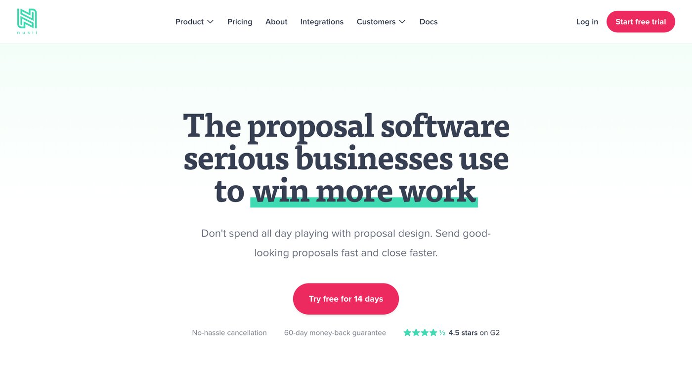 The Nusii homepage: “The proposal software serious businesses use to win more work.”
